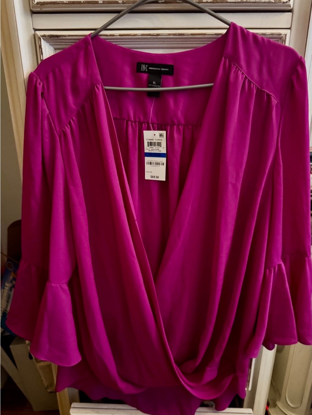INC International Concepts Bright Fuchsia Wrap Blouse with Bell Sleeves